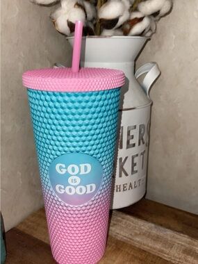 Pink and Blue 'God Is Good' Textured Tumbler with Straw